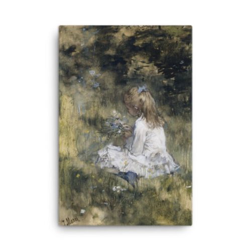 Een Meisje met Bloemen in het Gras canvas